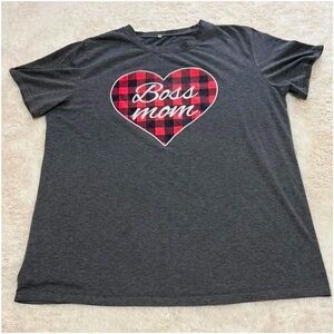 Gray 'Boss Mom' Heart T-Shirt with Red Plaid Print